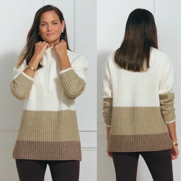 Talbots Women’s Block Stripe Half Zip Pullover Knit Sweater Size Medium - Picture 2 of 10